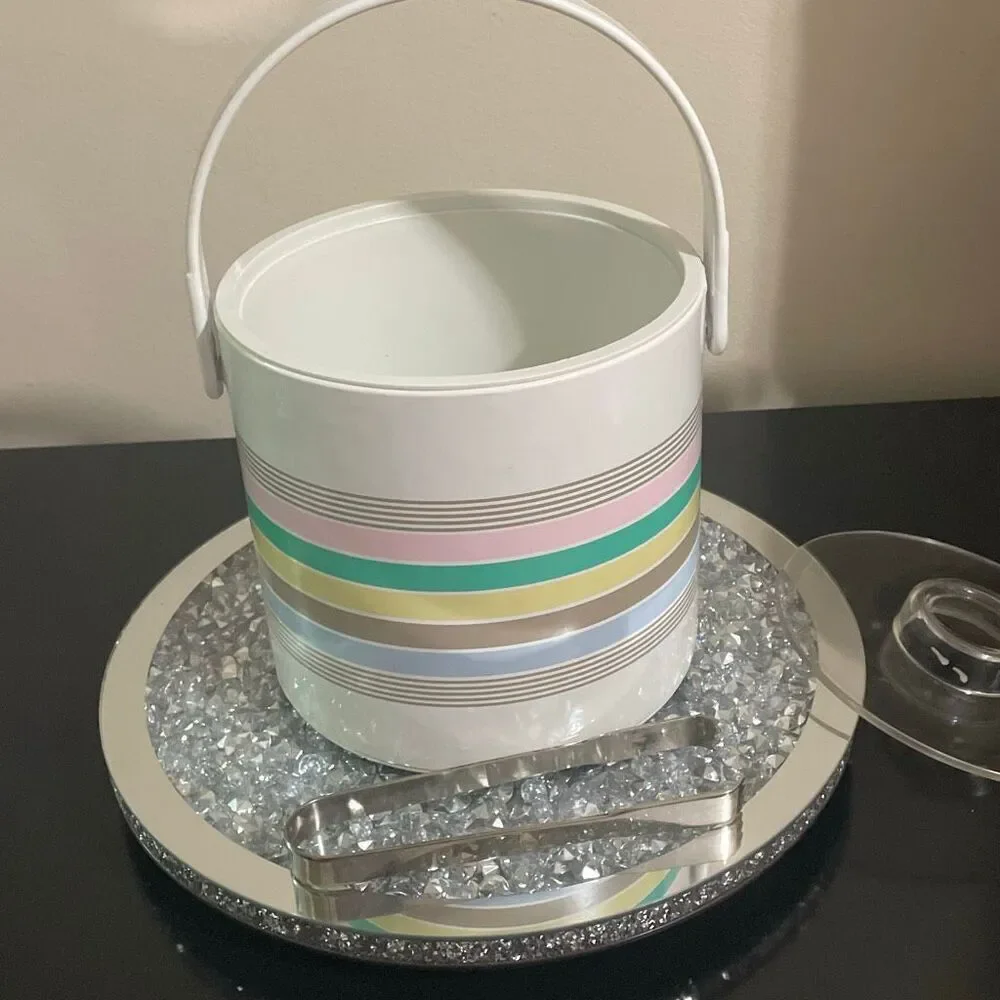 Phoenix vintage 1980s pastel striped insulated ice bucket with metal tongs